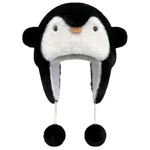 Fuzzy Winter Hat Thick Plush Bearnie Faux Fur Warm Cute Penguin with Cat Ears and Pompoms White and Black