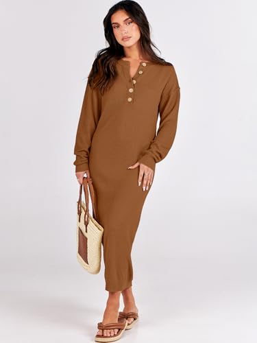 Image of ANRABESS Women Long Sleeve Button V Neck Oversized Casual Loose Fit Waffle Knit Fall Midi Sweater Dress 2026 Trendy Outfits