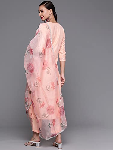 Image of INDO ERA Women's Yoke Design Silk Blend Straight Kurta with Pant & Dupatta Set