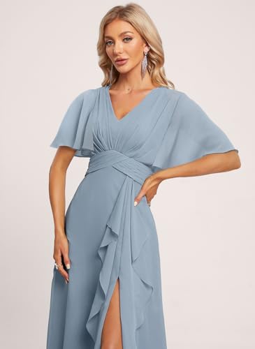 Women's V Neck Chiffon Bridesmaid Dresses with Pockets A Line High Side Ruffles Long Formal Dress DI894