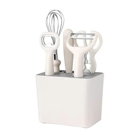 Drashti Villa Stainless Steel 6-Piece Kitchen Gadgets Set, Kitchen Scissors, Kitchen Utensils Set With Holder, Paring Knife, Whisk, Bottle Opener, Peeler- Anti-Slip Handle, Decorative Base, White
