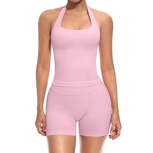 Womens Workout Sets Two Piece Halter Top Matching High Waist Scruch Butt Shorts Gym Sets Work Out Outfits