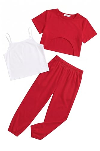 Arshiner Girls 3-Piece Outfit Set High Low Hem Overlay Top, Cami, and Sweatpants for Kids 6-13 Years - image 1