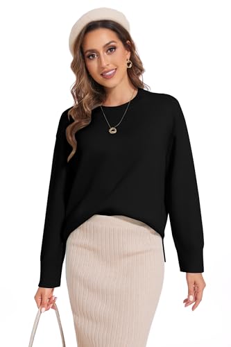 Women's Crewneck Long Sleeve Sweaters 2024 Fall Winter Loose Casual Ribbed Knit Side Slit Pullover Tops4