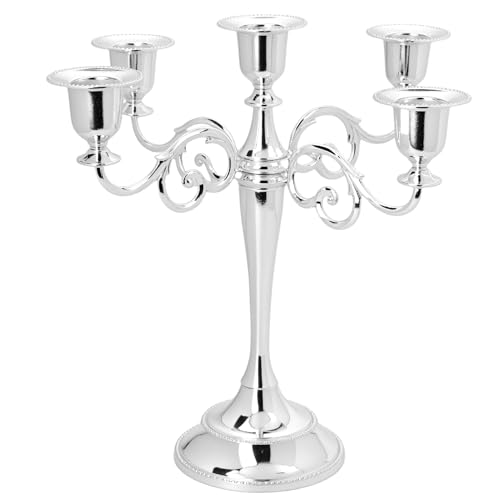 QWORK® Chandelier Bougeoirs à 5 Bras, 27 cm, Argent Élégant, Alliage de Zinc, pour Décoration de Fête, Mariage, Table à Manger