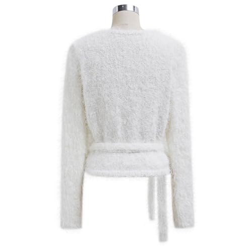 CHICWISH Women Fuzzy V Neck Wrap Knit Top Tie Waist Knot Long Sleeve Soft Pullover Sweater Casual Fall Winter Solid Top3