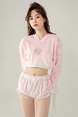 Japanese Lolita Girls Cute Pajamas Set Women Kawaii Rabbit Cosplay Plush Homewear Flannel Hoodie Sexy Sleepwear2