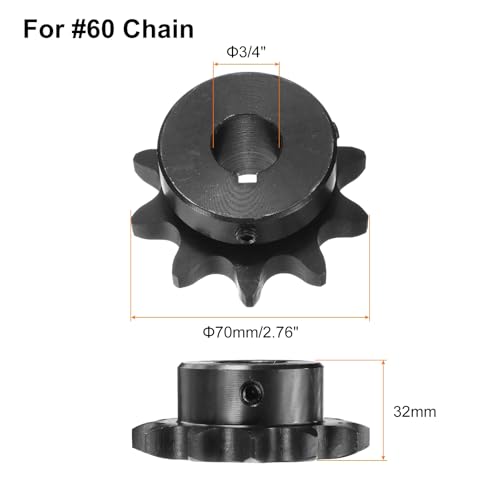 Image of uxcell #60 Chain Roller Sprocket B Type, 3 /4 inch Bore 10 Tooth Single Strand Chain Sprocket, Carbon Steel, Keyway with Set Screws