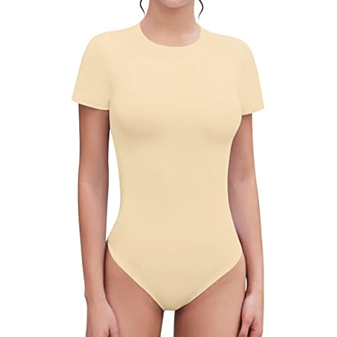 SHEIUGU Women's Crew Neck Short Sleeve Slim Fit T Shirts tops Basic Bodysuit Leotard Clothing, Nude, Small Cover
