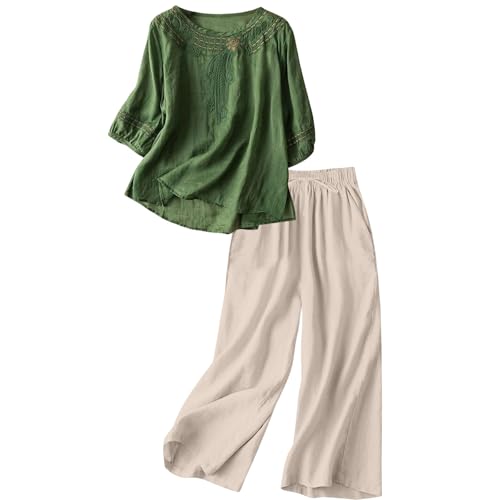 Combinaison en lin 2 pièces pour femme avec chemisier brodé et pantalon