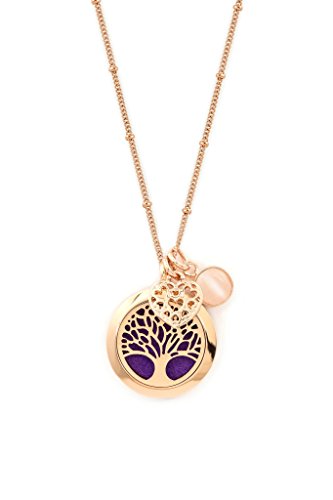 Rose Gold Tree Of Life Essential Oil Diffuser Necklace – Aromatherapy Jewelry - Hypoallergenic 316L Surgical Grade Stainless Steel, 20.8" Chain + 9 Washable Insert Pads + Charms #TOP4
