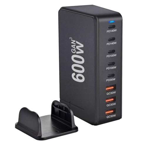 600W Chargeur USB C,8 Ports Multiple GaN Chargeur Secteur avec 5 USB-C et 3 USB-A,Chargeur Rapide Station de Charge Adaptateur Compatible avec MacBook Pro/Air...