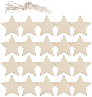 SUPVOX 50pcs Wooden Star with Holes and Rope for DIY Crafts Star Cutouts Embellishments Wedding Hanging Heart Decorations Ornaments