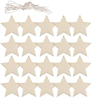 SUPVOX 50pcs Wooden Star with Holes and Rope for DIY Crafts Star Cutouts Embellishments Wedding Hanging Heart Decorations Ornaments