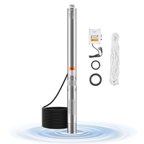 VEVOR Pompe immergée pour puits profond, 550 W, pompe à eau en acier inox, débit 65 L/min, hauteur de 64 m, avec cordon 20 m, boîtier de commande externe,...