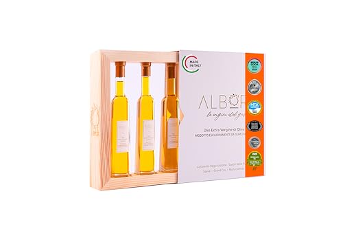 ALBORI Verkostung- Olivenöl Italienisch Extra Nativ Apulisches Kaltgepresst, Geschenkset Geschenkbox Degustation mit 3 Ölflasche Olive Oil 100ml, Premium Geschenkideen Monokultivar und Mischung Oliven