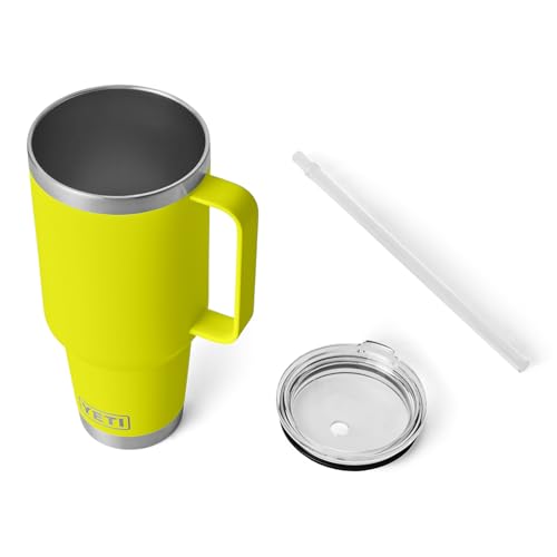 Image of YETI Rambler 42 oz Tumbler with Handle and Straw Lid, Travel Mug Water Tumbler, Vacuum Insulated Cup with Handle, Stainless Steel, Firefly Yellow