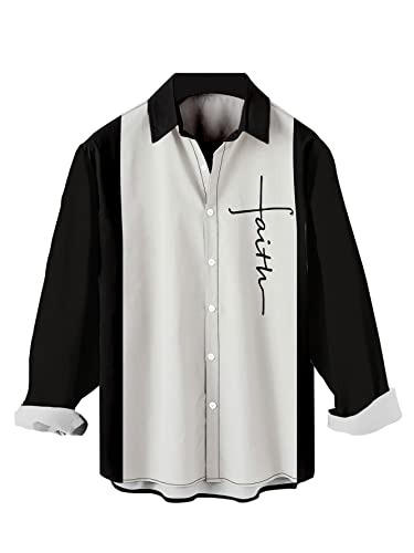 Men's Long Sleeve Button Down Bowling Shirts Casual Faith Letter Printed Loose Fit Beach Aloha Shirt