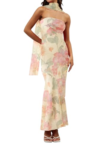 Image of calbatic Women Floral Tube Maxi Dress Strapless Ruffle Hem Long Bodycon Vacation Summer Halter Dress with Scarf Medium Yellow