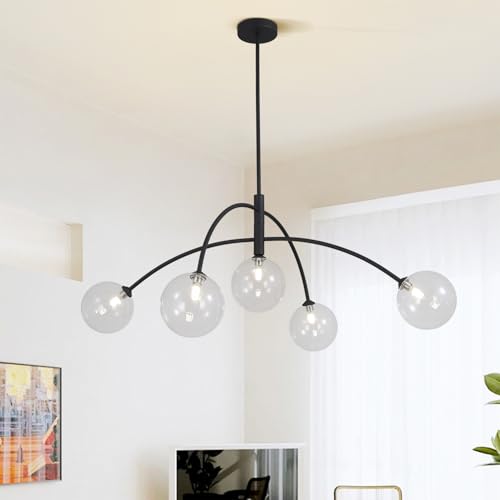Image of Mid Century Modern Sputnik Chandelier Adjustable 5 Light Pendant Light Fixture Clear Glass Black Ceiling Chandelier for Dining Room Kitchen Bedroom