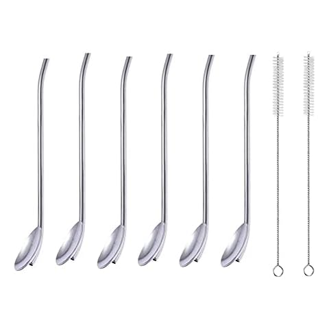 MAGICVOGEL 6 Stück 21.6cm Trinkhalmlöffel Edelstahl Strohhalmlöffel lang Trinklöffel Trinkhalm mit 2 Reinigungsbürsten Wiederverwendbar Kaffeelöffel Dessertlöffel Cover