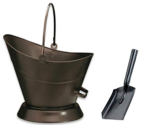 Heavy Duty Metal Fireside Waterloo Bucket Fireplace Hod Scuttle Coal Fuel Ash Wood Log Storage Option with Shovel and Poker (Bronze/Oxy Waterloo Bucket + Shovel)