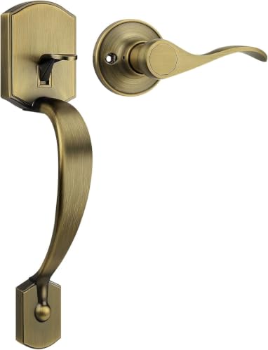 Image of Tinewa Antique Brass Front Door Handle,Upgated Entry Door Handle with Accent Wave Door Lever,Single Cylinder Front Door Handleset for Home Security