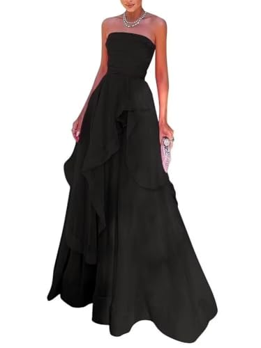 Long Prom Dresses Tulle A-Line Formal Evening Gown for Women Bridesmaid Dresses Elegant Strapless Princess Dress Black