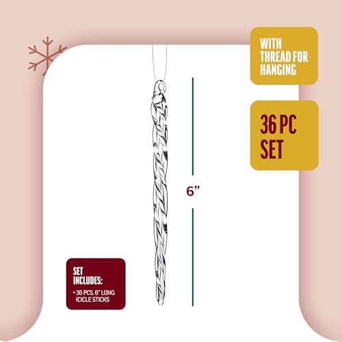 Klikel Glass Icicle Ornaments - Winter Decorations for Christmas Tree - Total 36 Hanging Ornaments - 6" Inch