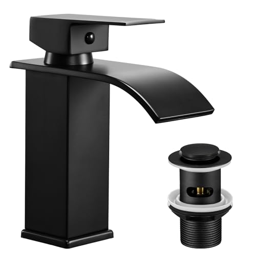 Peppermint Basin Taps Mixers Waterfall Matte Black with Slotted Pop-up Waste Bathroom Sink Mixer Tap Square Monobloc 1 Hole with G1/2'' Hoses Modern Cloakroom Taps Mono Lead-Free Stainless Steel