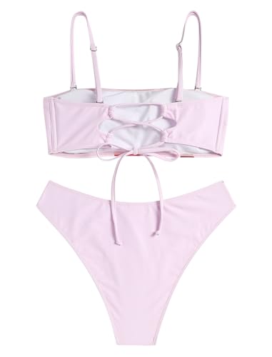 Image of ZAFUL Women's High Cut Bandeau Bikini Set Strapless Solid Color 2 Pieces Bathing Suit Swimsuit