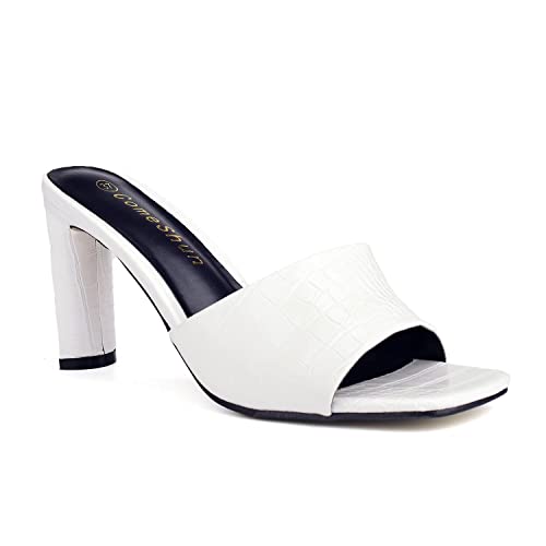 ComeShun Damen-Schlupf-Pantoletten Peep-Toe Kleid Pumps Stein-Drucke Blockabsatz, weiß, 41 EU Cover