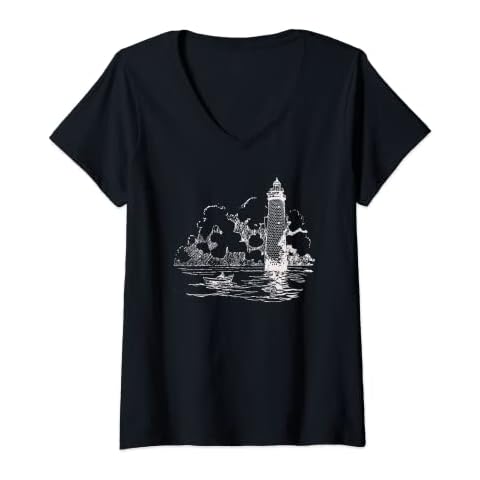 Womens Lighthouse Clouds and Row Boat V-Neck T-Shirt Cover