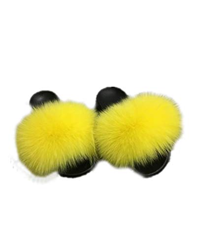 LVCOMEFF Women Real Fox Fur Sandals Slides Gray Yellow Blue Pink Color Slippers Summer Fluffy