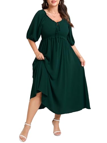 Image of CICIDUDU Women's Plus Size Maxi Dress Wedding Guest Half Sleeve V Neck Bowknot Smocked Milkmaid Flowy Dresses for Women