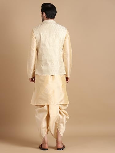 Image of Men's Silk Blend Solid Kurta Dhoti Set with Designer Ethnic Nehru Jacket