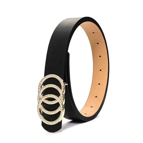 Glamorous Rhinestone Belt For Women Stylish Triple Ring Buckle Durable Black Leather Waistband Forward Jeans