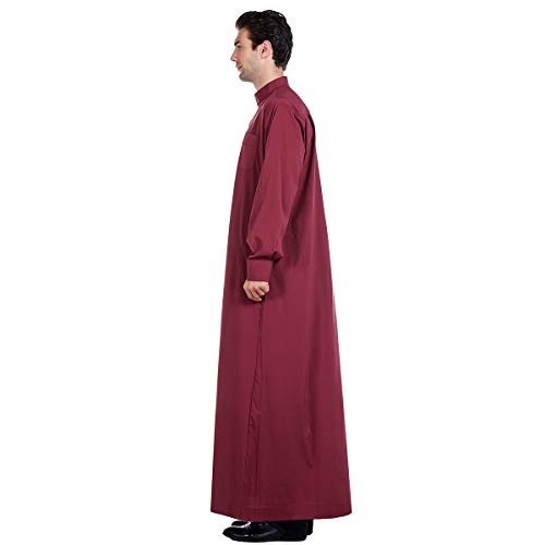Muslim Men Full Sleeve Thobe with Side Pockets Solid Stand Collar Middle East Saudi Arab Long Robe4