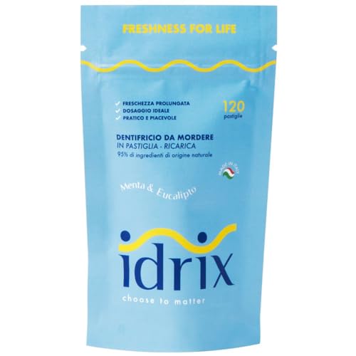 Tabletas de dentífrico natural IDRIX - Con hidroxiapatita para remineralizar el esmalte dental y flúor - Vegano - Doypack 120 pastillas (2 mesos)