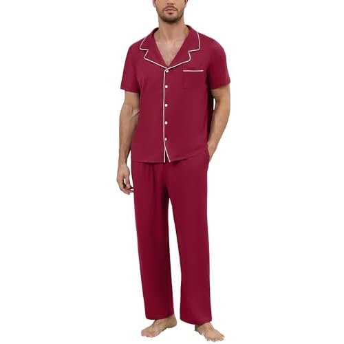 Marvmys Men's Short Sleeve Pajama Set Classic Button Down Pajamas Long Pants Sleepwear with Pockets S-XXL XX-Large Wine Red