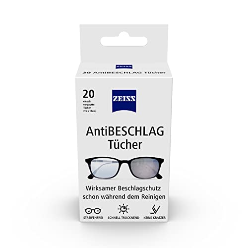 ZEISS Toallitas antivaho 20 unidades para una protección duradera contra el empañamiento durante la limpieza – cada paño empaquetado individualmente – ideal para viajes o viajes