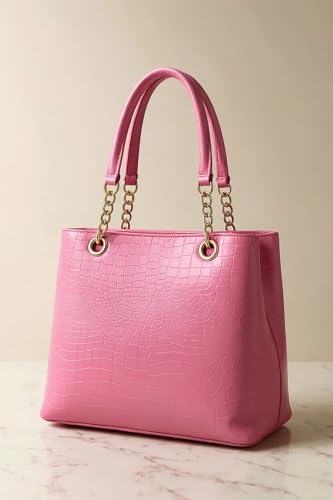 Image of Women's Structured Handbag | Premium Croc-Texture Tote Bag with Chain Handle | Stylish Office & Daily Use Ladies Shoulder Bag