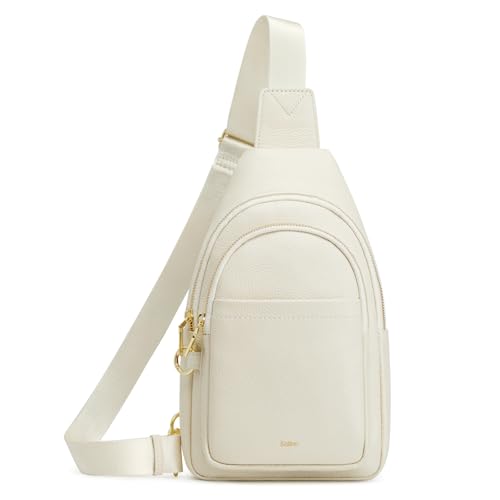 Image of Kattee Sling Bag for Women, Leather Crossbody Bag for Travel, Beige | Top Grain Pebbled Leather. RFID back pocket, small chest bag fit 6.9-inch phone, fanny pack with adjustable strap.