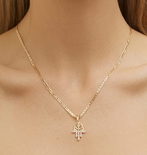Barzel 18K Gold Plated Flat Mariner/Marina 060 3MM Chain Necklace With Hamsa Hand Pendant2