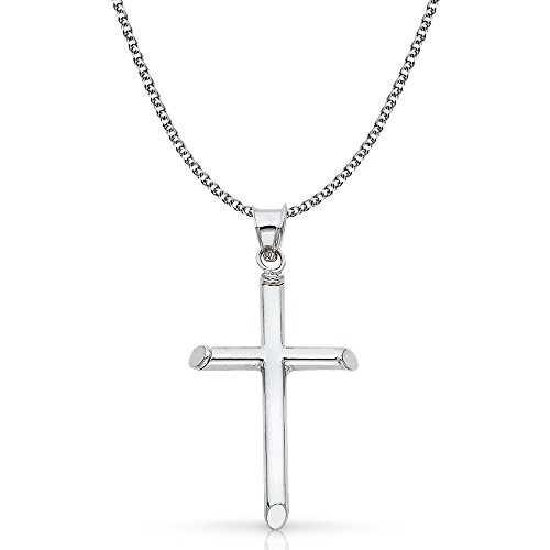 Ioka 14K White Gold Classic Cross Pendant with 1.4mm Flat Open Wheat Chain Necklace