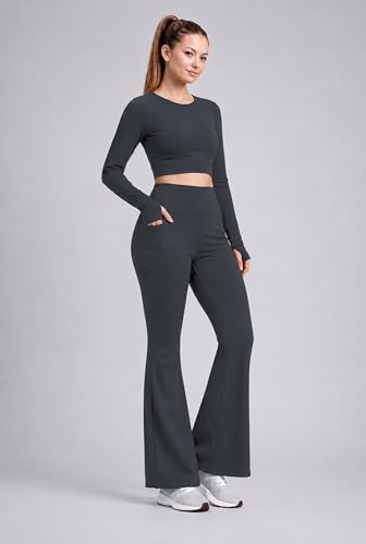 Image of PINAAK FASHION Women's Yoga Co-Ord Set | Full Sleeve Crop Top & Flared High Waist Yoga Pants with Pocket | Thumb Hole Sleeves | Bell Bottom Gym Wear Activewear Tracksuit for Workout, Running & Lounge