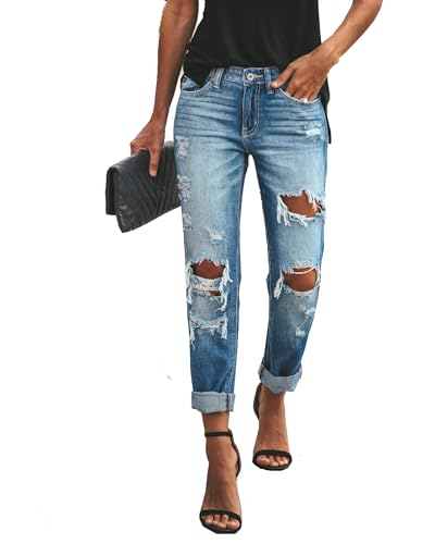 Women's Distressed Mid Waisted Boyfriend Jeans Loose Fit Ripped Stretchy Denim Pants