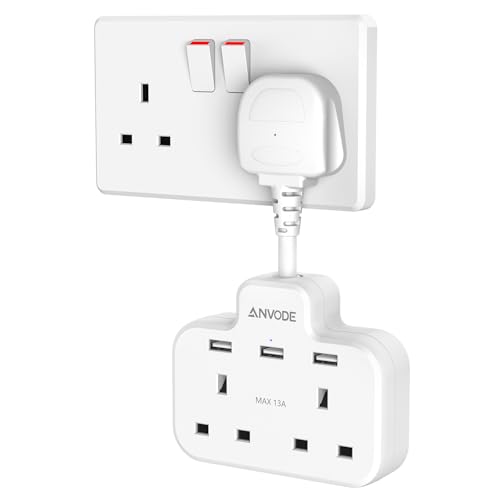 Double Plug Adaptor with USB, 2 Way Wall Adapter with Short Extension Lead, Multi Plug Socket Extender For Home Office (White)