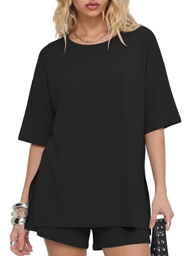 Image of Darong Women's 2 Piece Shorts Set Loungewear | oversized tshirts,crew neck top,drawstring shorts,elastic waist, side pockets,summer travel outfits