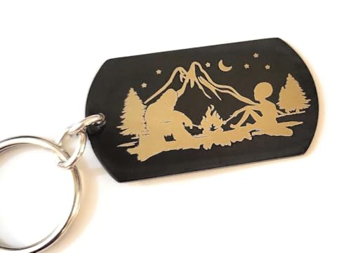 Novelty Keychain, Bigfoot and Alien Campfire Scene, Black Stainless Steel